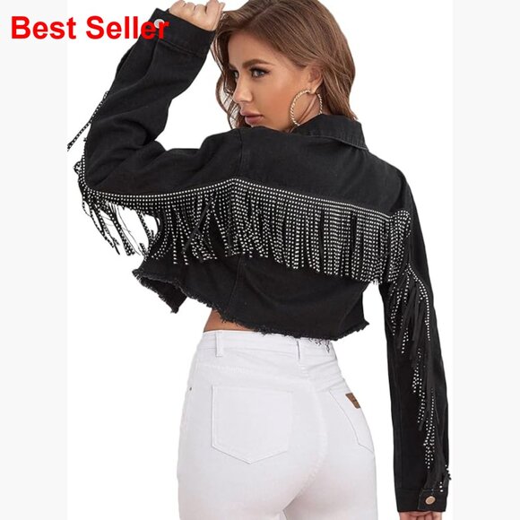 Fringe Tassel Distressed Ripped Crop Denim Jacket Long Sleeve
